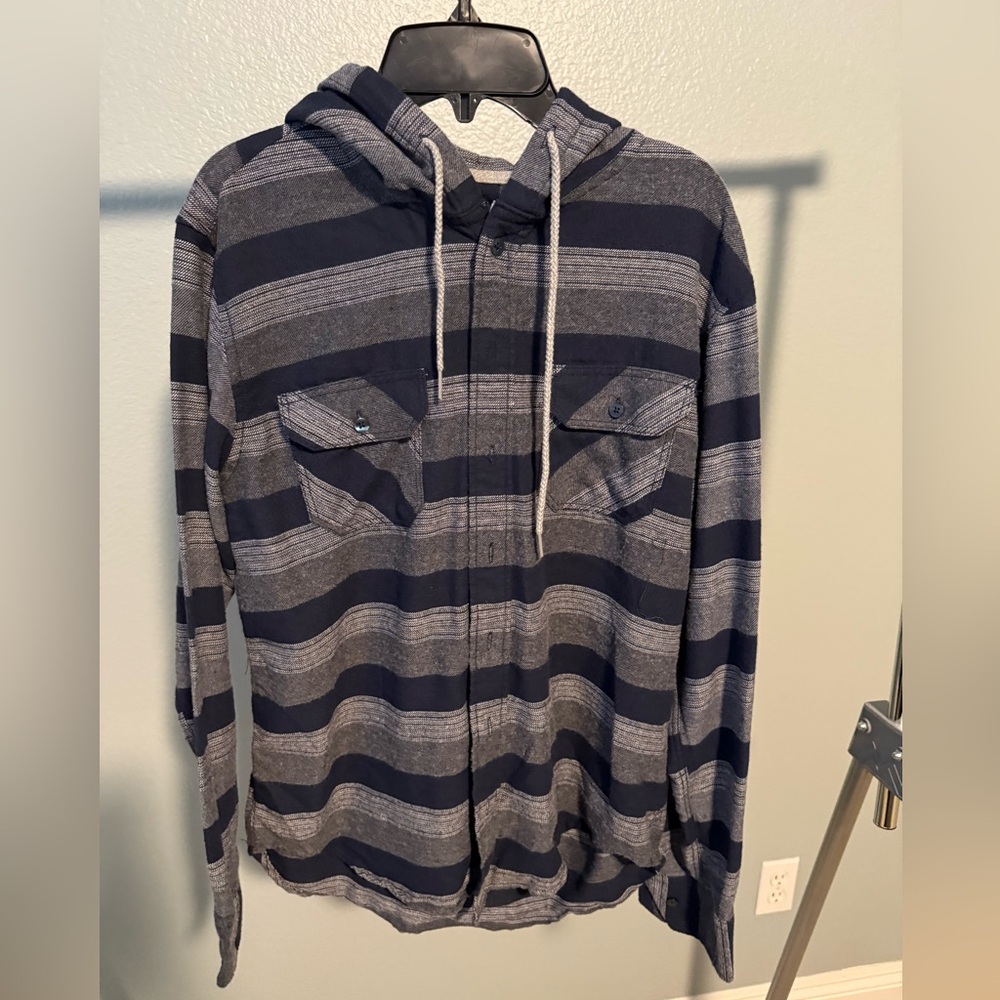 RSQ Navy and Gray Plaid Striped Flannel Shirt with Hood